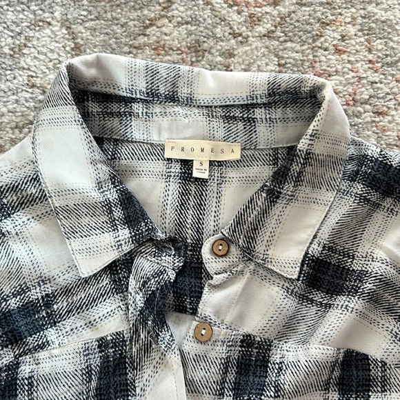 Promesa Blue Plaid Button Up Shirt Top Oversized Shacket Blouse Gingham Shawl - Picture 7 of 8